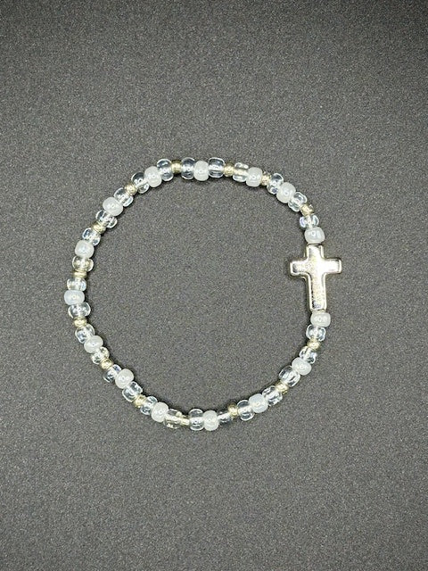 Crystal Silver Cross Seed Beaded Bracelet