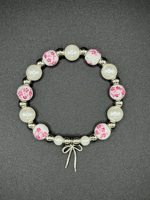Pink Porcelain Bow Beaded Bracelet