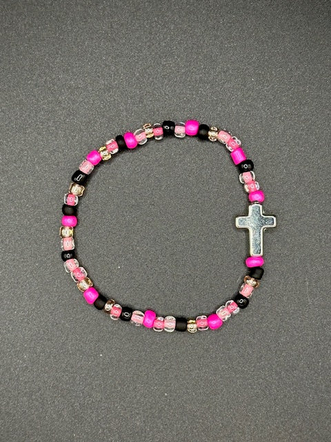 Pink Midnight Cross Seed Beaded Bracelet